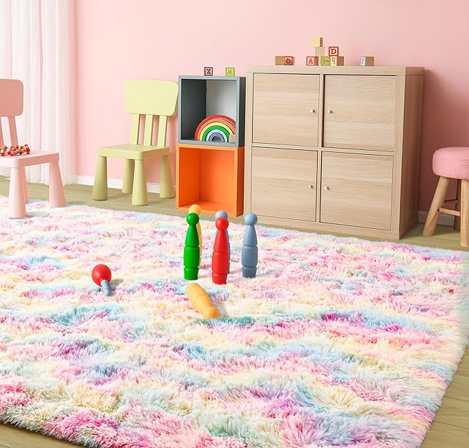 Tepook Soft Rainbow Rug for Girls Room, Cute Fluffy Bedroom Rug, 5x8 Feet Shaggy Princess Colorful Carpet for Kids Teens Toddler Playroom Nursery Reading Nook, Pink