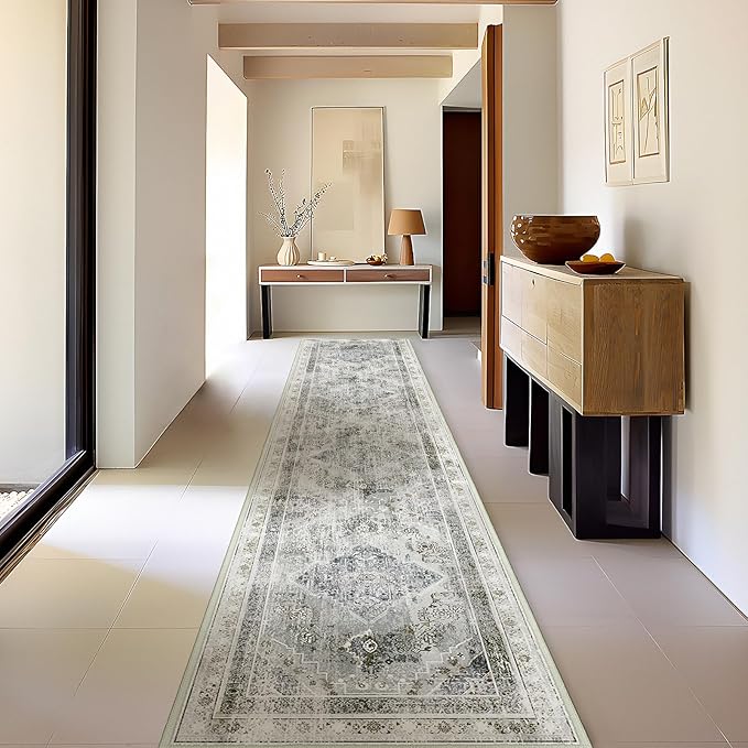 Phantoscope Hallway Runner Rug 2'x6' - Boho Washable Non-Slip Kitchen Rug Runner, Ultra-Thin Vintage Distressed Accent Throw Rug for Entryway Laundry Bathroom Bedroom, Grey/Dull Teal