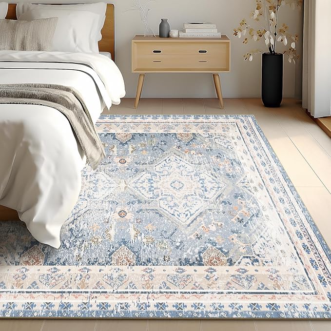 Phantoscope Vintage Collection Area Rug 9'x12' - Large Living Room Rug - Washable Rug Boho Rugs Non-Slip for Bedroom Dining Room, Low-Pile Floor Carpet Distressed Accent Rug, Dusty Blue/Multi