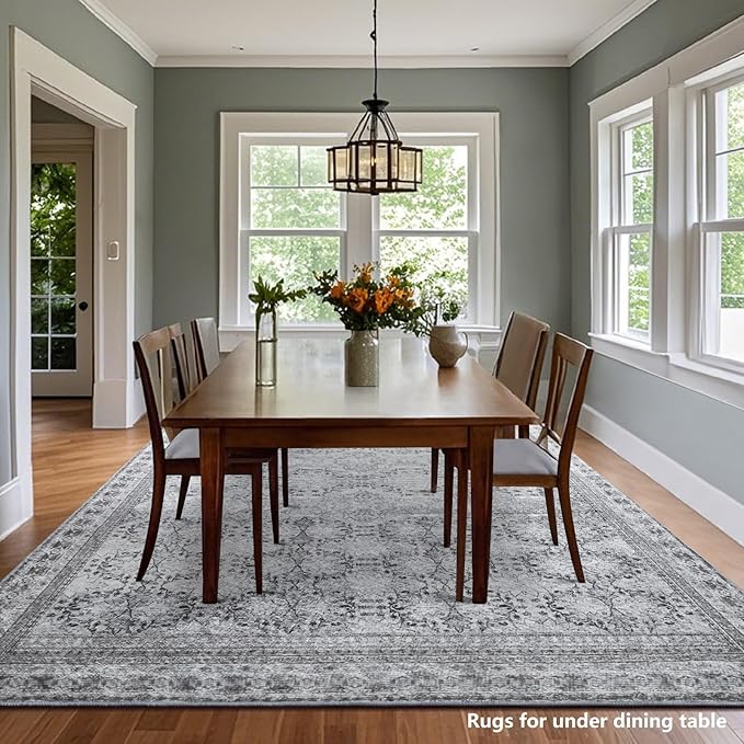 4x6 Area Rug for Bedroom Machine Washable, Non Slip Vintage Floral Kitchen Rugs for Dining Room,Rustic Indoor Floor Carpet for Kids Room, Playroom, Office Classroom Faded Grey