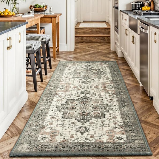 2x6 Runner Rug, Non-Slip Washable for Kitchen Hallway, Soft Low-Pile Area Rugs, Vintage Traditional Floral Aesthetic Carpet, Stain-Resistant Durable, Non Shedding Bedroom Bathroom Decor, Taupe