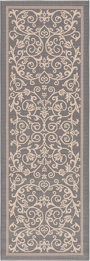 SAFAVIEH Courtyard Collection Runner Rug - 2'3" x 8', Grey & Natural, Scroll Design, Non-Shedding & Easy Care, Indoor/Outdoor & Washable-Ideal for Patio, Backyard, Mudroom (CY2098-3606)