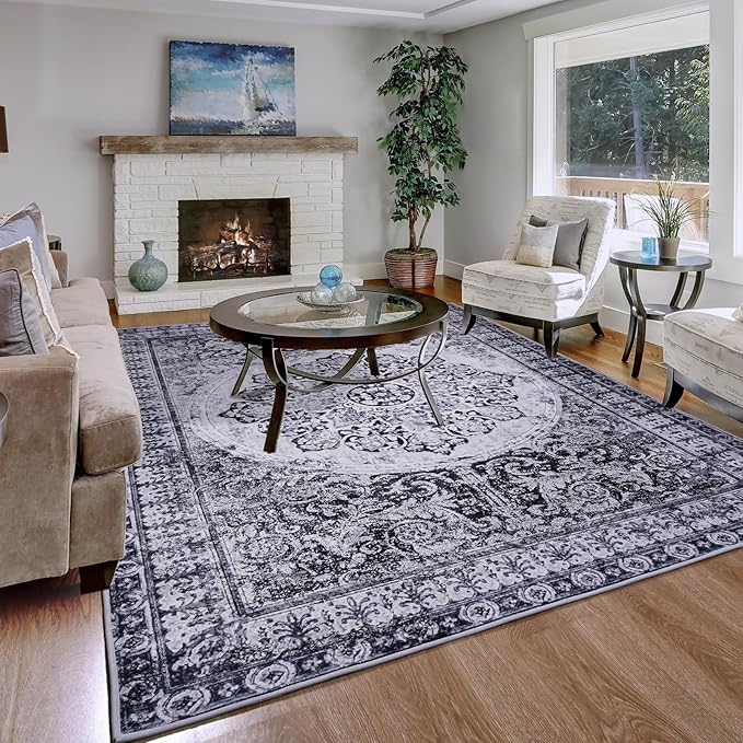 YJ.GWL Area Rug for Living Room, 4x6 Machine Washable Boho Rug for Bedroom, Low Pile Lightweight Thin Rugs Floral Vintage Distress Print Pattern Carpet for Dining Room, Navy/White