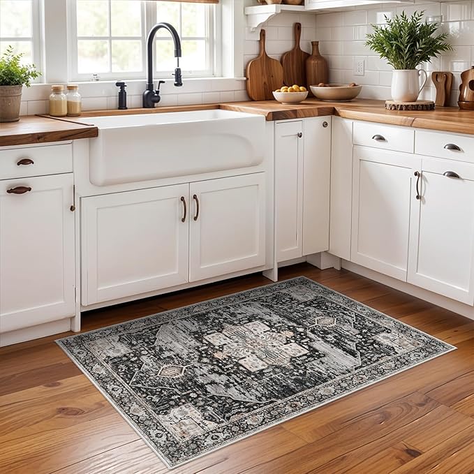 RUUGME Washable 2x3 Area Rugs - Large Boho Rugs for Living Room Stain Resistant Carpet Vintage Tribal Rugs for Bedroom Kitchen Bathroom with Non Slip Backing Home Decor Floor Decoration Mat 2x3 Black