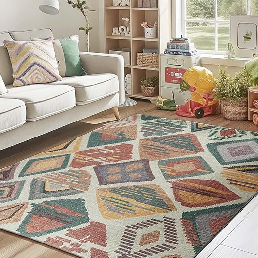jinchan 5x7 Kids Washable Area Rug Geometric Moroccan Faux Jute Indoor Nursery Rug Non-Slip Colorful Modern Carpet for Playroom Kids Room Living Room Bedroom Laundry Room Boho Blue