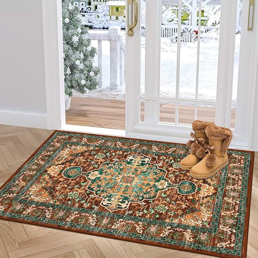U'Artlines 2x3 Washable Boho Area Rug, Small Non Slip Vintage Doormat for Indoor Front Door Ultra Thin Mat Carpet for Entryway Kitchen Bathroom Bedroom Rust＆Teal