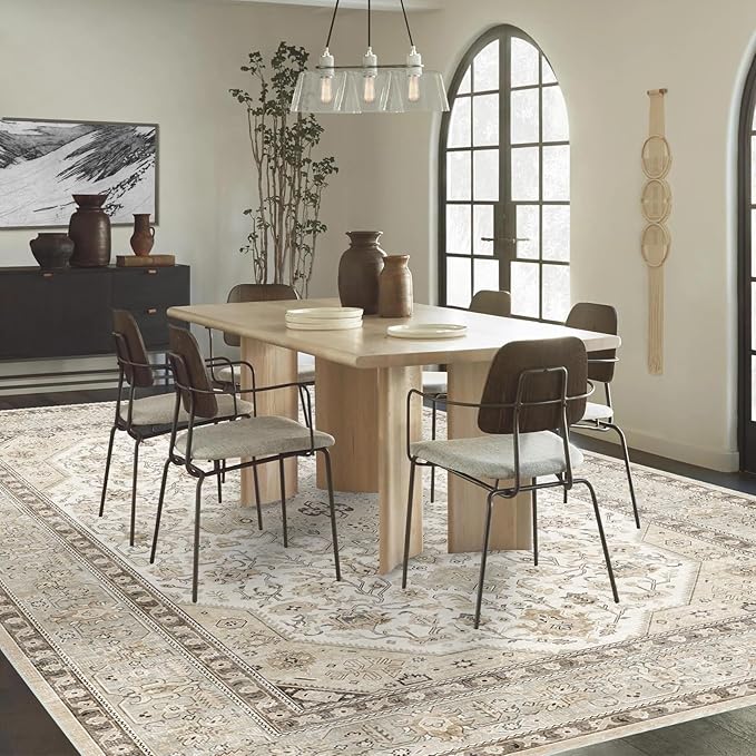 Washable Area Rug 8x10 - Bedroom Living Room Large Indoor Rugs Soft Oriental Vintage Rugs Non-Slip Backing Stain Resistant for Farmhouse Kitchen (8x10 Ivory/Multi)