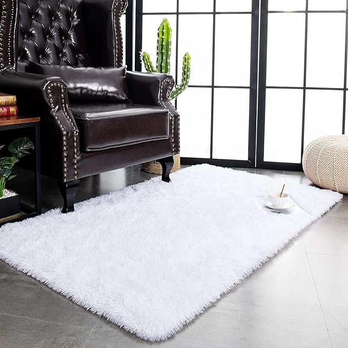TWINNIS Super Soft Shaggy Rugs Fluffy Carpets, 4x5.9 Feet, Indoor Modern Plush Area Rugs for Living Room Bedroom Kids Room Nursery Home Decor, Upgrade Anti-Skid Rectangular Fuzzy Rug, White