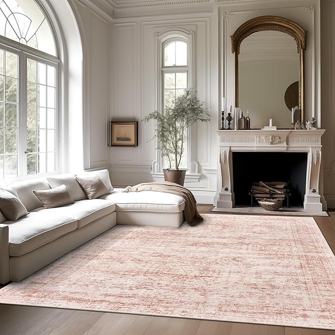 Washable Area Rug 8x10, Large Soft Rugs for Living Room Vintage Area Rugs for Bedroom Dining Room Non-Slip Stain Resistant Pink Rug Under Table Rug