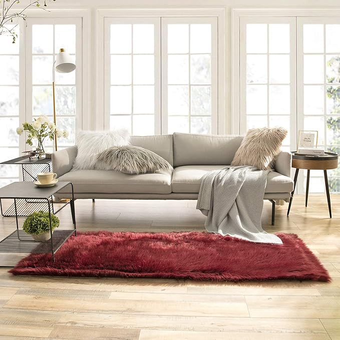 Ashler faux fur rug, Fluffy Shaggy Area Rug Ultra Soft 2.2 x 6 Feet Rectangle Fur Rug, Dark Red Fuzzy Rug Machine Washable Shag Rug, Nursery Decor Throw Rugs for Bedroom, kids room, Living Room