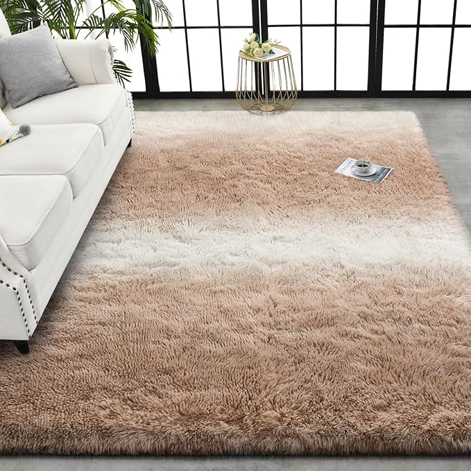 TWINNIS Super Soft Shaggy Rugs Fluffy Carpets, 4x5.9 Feet, Indoor Modern Plush Area Rugs for Living Room Bedroom Kids Room Nursery Home Decor, Upgrade Anti-Skid Rectangular Fuzzy Rug, Tan White