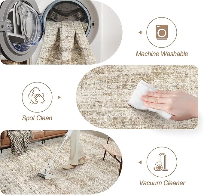 10x14 Area Rugs for Living Room, Non Slip Machine Washable Vintage Rugs, Low Pile Lightweight Large Rug for Bedroom, Dining Room, Home Office Brown