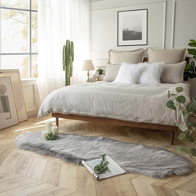Ashler faux fur rug, Fluffy Shaggy Area Rug Ultra Soft 2 x 6 Feet Sheepskin Fur Rug, Grey Fuzzy Rug Machine Washable Shag Rug, Nursery Decor Throw Rugs for Bedroom, kids room, Living Room