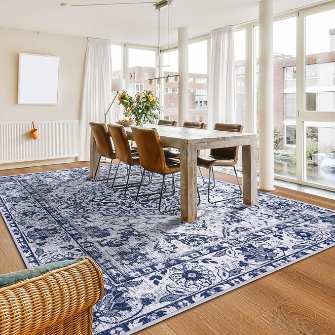 YJ.GWL Large Area Rug for Living Room, 5x8 Machine Washable Boho Rug for Bedroom, Low Pile Lightweight Thin Rugs Floral Vintage Distress Print Pattern Carpet for Dining Room, Blue/White