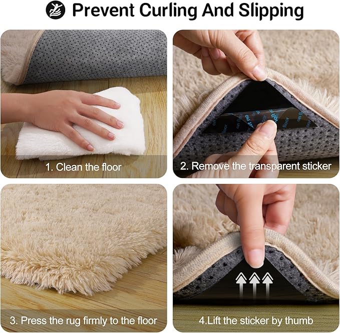 2x3 Rug for Bedroom, Fluffy Area Rugs for Living Room, Small Soft Shag Fuzzy Shaggy Carpets for Kids Boys and Girls Dorm with 4 Non-Slip Rug Tapes for Room Home Decor (2ft x 3ft, Light Tan)