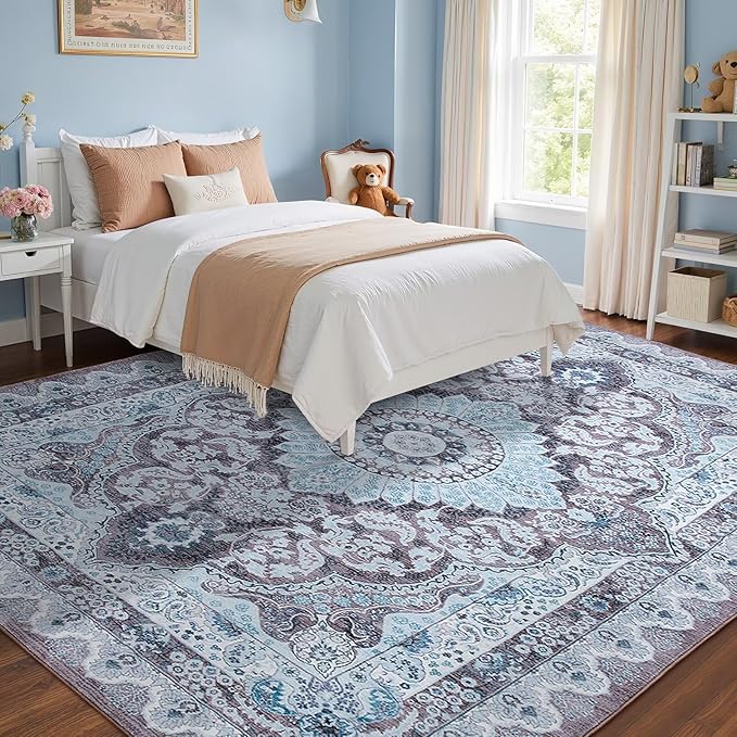 8x10 Area Rug for Bedroom, Machine Washable Rugs with Non-Slip Backing for Living Room, Large Vintage Carpet Kitchen Laundry Kids Room Decor, Blue & Brown