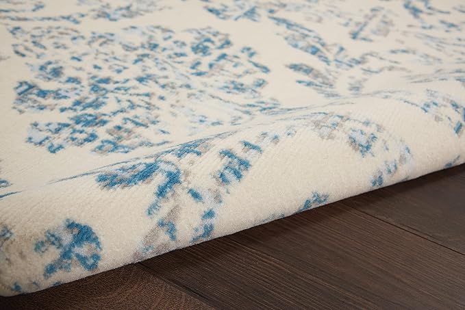 Nourison Jubilant Damask Ivory/Blue 6' x 9' Area -Rug, Easy -Cleaning, Non Shedding, Bed Room, Living Room, Dining Room, Kitchen (6x9)