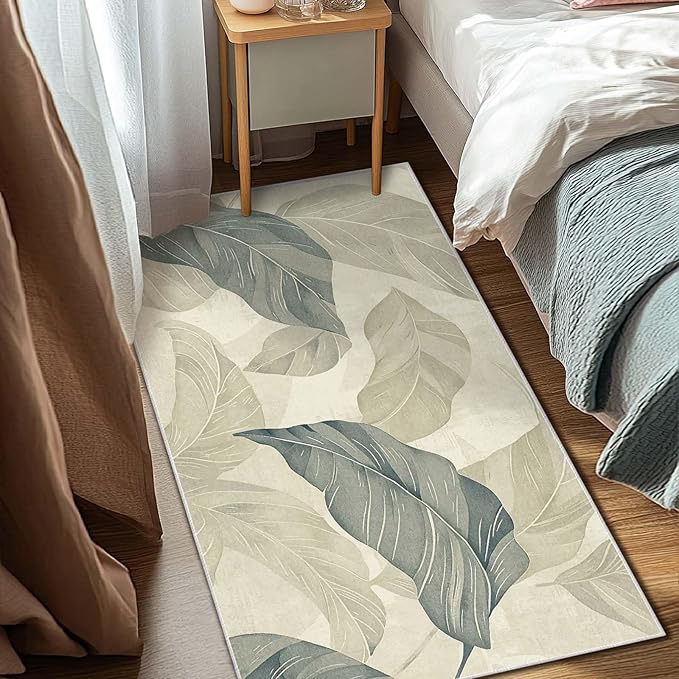 3x5 Entryway Rug Vintage Botanical Leaf Beige Area Rug Bedroom Bedside Thin Small Carpet Bathroom Non Slip Indoor Entrance Low Pile Door Mat Kitchen Stain Resistant Washable Machine
