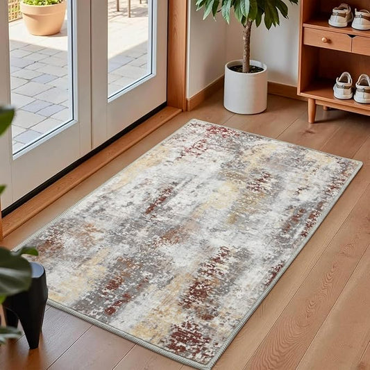 Washable Abstract Rug, 2x3 Small Modern Area Rugs with Non-Slip Rubber Backed for Kitchen, Thin but Soft Throw Carpet Bedroom Entryway Front Door Decor, Rusty Brown