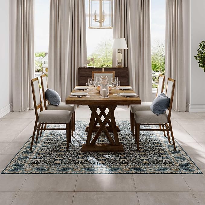 Dripex 8x10 Area Rugs, Machine Washable Non Slip Distressed Boho Rugs,Large Area Rug for Bedroom Aesthetic, No Pile Lightweight Vintage Rug, Carpet for Living Room Dining Room Apartment Den,Navy Blue