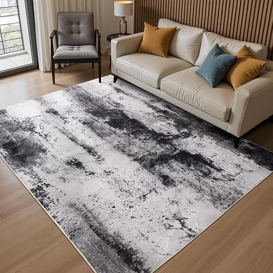 4x6 Grey Washable Area Rug for Living Room Bedroom, Modern Abstract Non-Slip Rugs, Low Pile Soft Stain Resistant Carpet for Dining Room, Kitchen, Office, Dorm, Bedside Decor