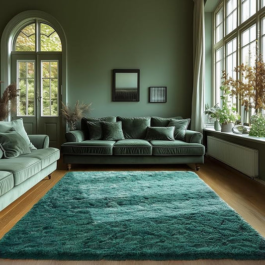Zentavio Dark Green Area Rugs for Living Room Emerald Green Rugs for Bedroom 8x10 Fluffy Fake Grass Large Carpet for Kids Room Playroom Furry Shag Aesthetic Soft High Pile Washable Home Decor