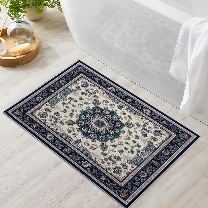 2x3 Boho Rug for Entryway Boho Area Rugs Machine Washable Retro Navy Blue Rug Non Slip Printed Low-Pile Indoor Door Mat Floor Carpet for Kitchen Bathroom Laundry
