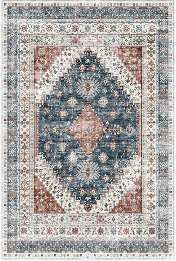 Oversized Rug for Living Room-Machine Washable Area Rugs 9'x12' for Bedroom, Non-Shedding Faux Wool Vintage Design Boho Low Pile Mat Rugs,Stain Resistant Rugs with Non-Slip Backing（Dark Color）