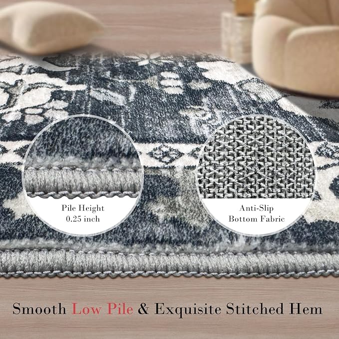 Washable Area Rugs - Perfect for Living Room, Bedroom, Kids Room, Nursery - Stain & Water Resistant Non-Slip, Pet & Child Friendly, Vintage Tribal Area Rugs (Grey, 2'6'' x 8')