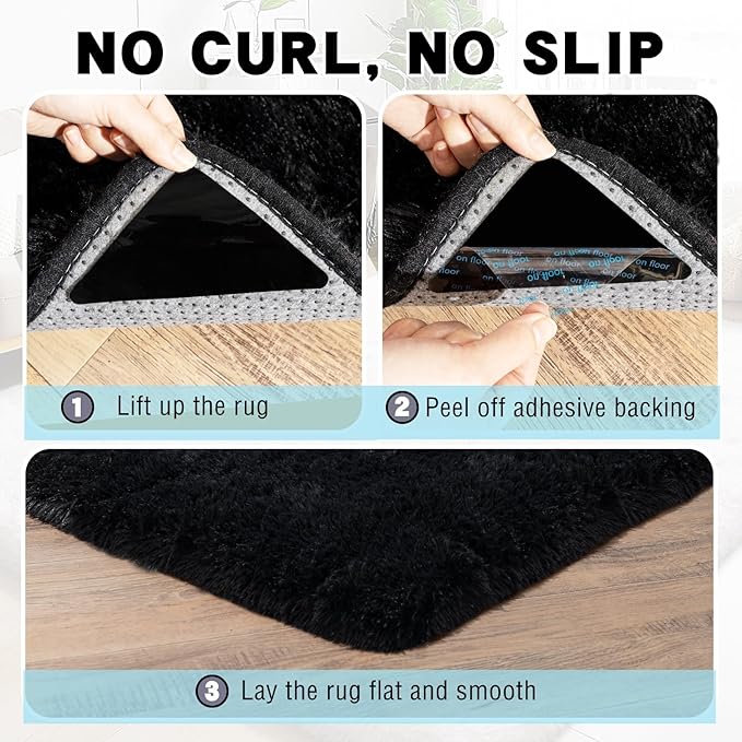 Black Area Rug for Bedroom, 3x5 Rugs for Living Room Nursery Kids Room Dorm Home Decor Aesthetic, Fluffy Shaggy Rug with 4 Anti-Slip Carpet Tapes
