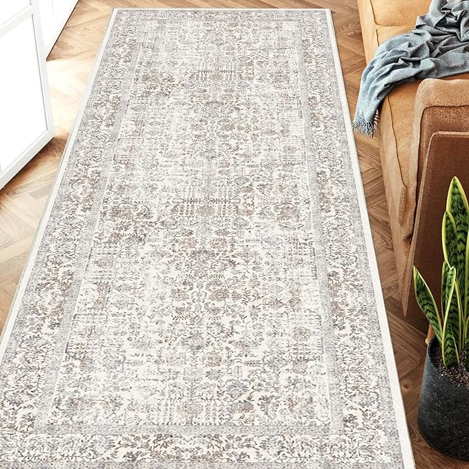 Taupe Runner Rug 3x7 Hallway Machine Washable Kitchen Vintage Distressed Non Slip Long Carpet Indoor Retro Floral Bedroom Accent Throw Rug for Bathroom Office Laundry Dining Living Room