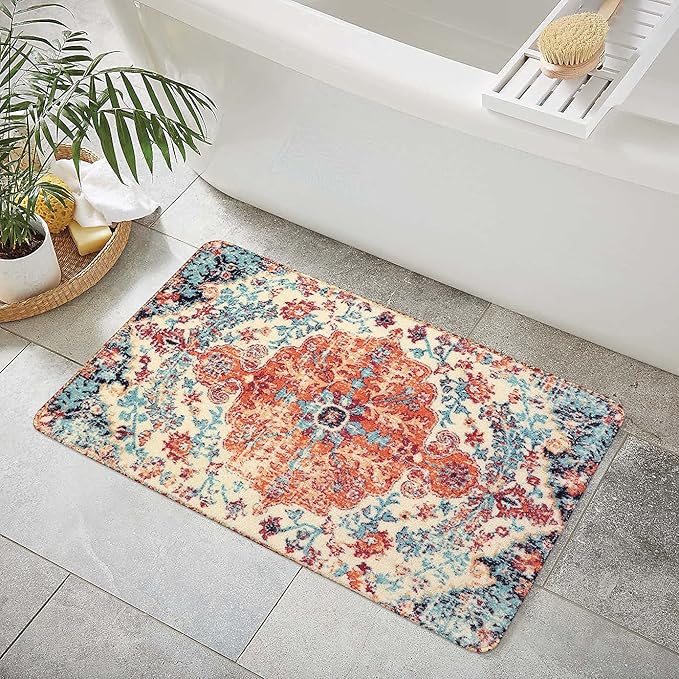 Lahome Bohemian Floral Medallion Area Rug - 2x3 Oriental Distressed Small Bath Rug Country Vintage Doormat Faux Wool Non-Slip Washable Low-Pile Carpet for Bathroom Kitchen Laundry Room Decor