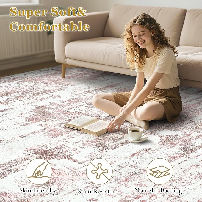 Area Rugs for Living Room: 5x7 Abstract Washable Rug Modern Neutral Large Soft Stain Resistant Non-Slip Backing Machine Table for Bedroom Dining Room Indoor Home Office Carpet - Pink
