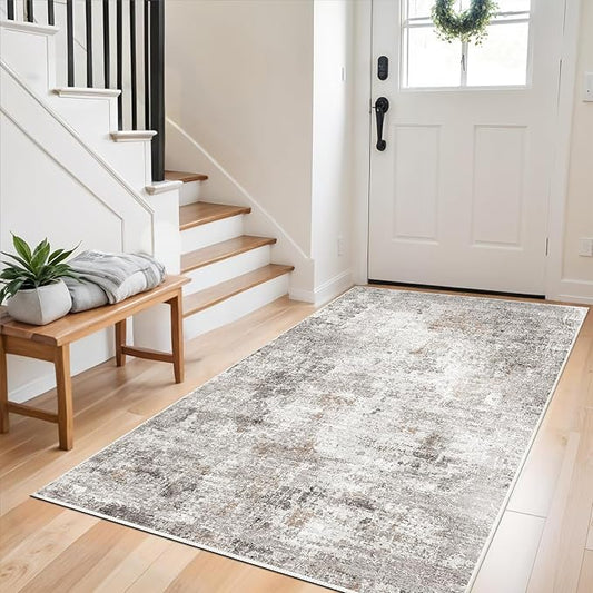 3x6 Washable Non-Slip Kitchen Runner Rug with Rubber Backing Modern Abstract Stain Resistant Floor Carpet Runner for Hallway, Entryway, Bedroom, Living Room - Beige/Grey/Brown