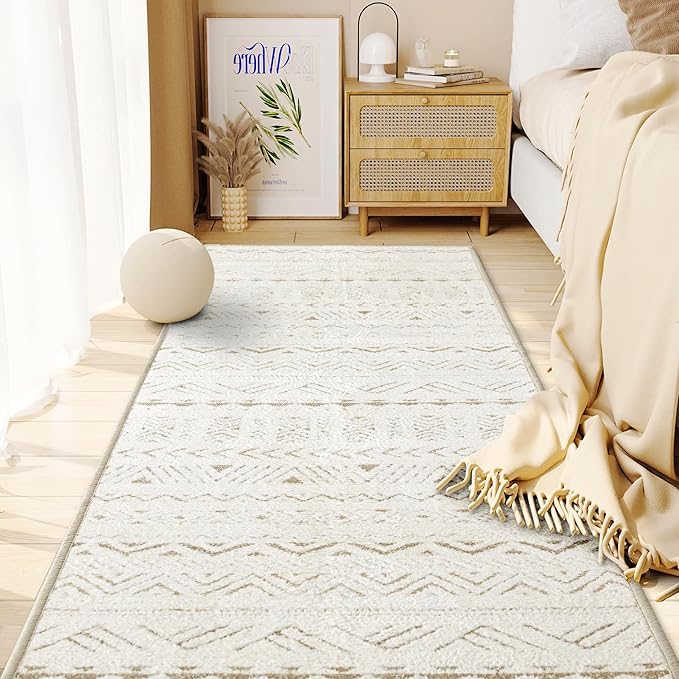 RYB HOME 2x6 Boho Washable Jacquard Runner Rug for Hallway, Non Slip 3D Textured Geometric Jacquard Carpet for Bedroom, None Shedding Area Rug for Kitchen Bathroom Hallway, Beige