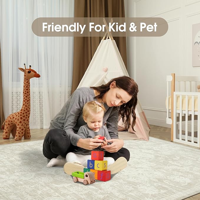 Washable Rugs 8x10 Area Rugs, Soft Vintage Living Room Rug with Anti-Skid Backing Stain Resistant Thin Indoor Carpet Large Area Rug for Bedroom Under Dining Room Table Nursery Entryway-Beige