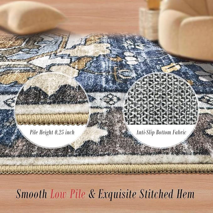 Washable Area Rugs - Perfect for Living Room, Bedroom, Kids Room, Nursery - Stain & Water Resistant Non-Slip, Pet & Child Friendly, Vintage Tribal Area Rugs (Navy, 4' x 6')