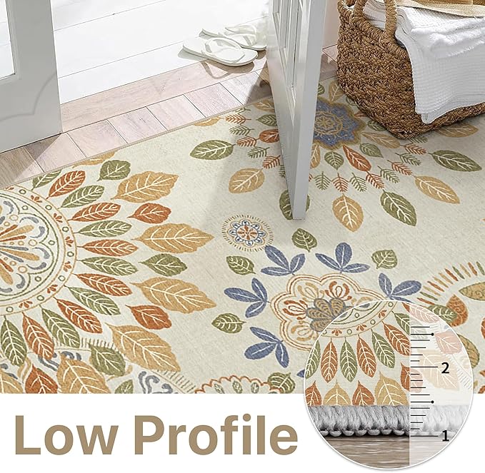 Bavni Kitchen Runner, Washable 2x12 Rugs Non Slip, Floral Thin Runners, Stain Resistant Carpet Runner for Bathroom, Bedroom, Hallway, Beige Brown