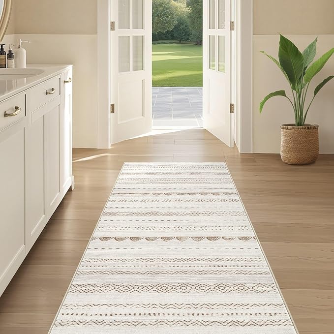Runner Rug Kitchen Washable Rugs: 2x6 Non-Slip Boho Soft Modern Stain Resistant Indoor Floor Neutral Farmhouse Throw Carpet for Hallway Bathroom Laundry Room Entryway Bedroom- Beige