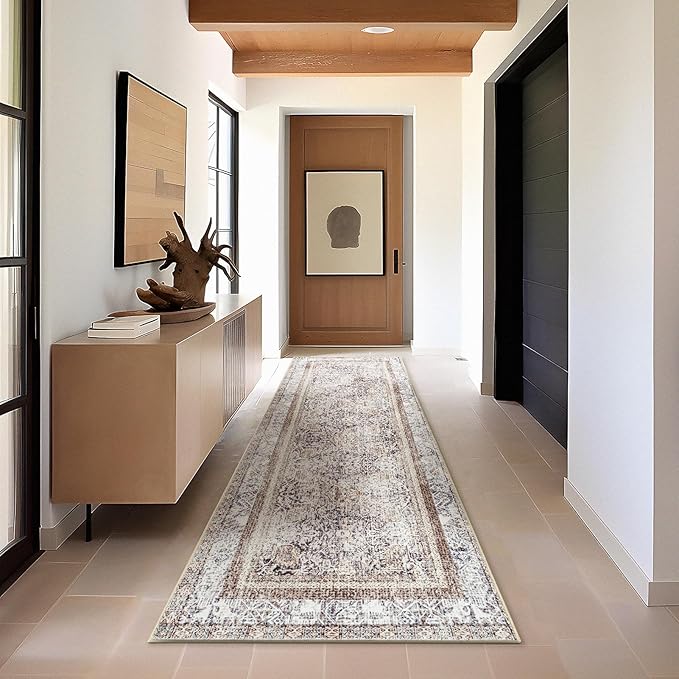 Phantoscope Hallway Runner Rug 2'x10' - Boho Washable Non-Slip Kitchen Rug Runner, Ultra-Thin Vintage Distressed Accent Throw Rug for Entryway Laundry Bathroom Bedroom, Light Brown