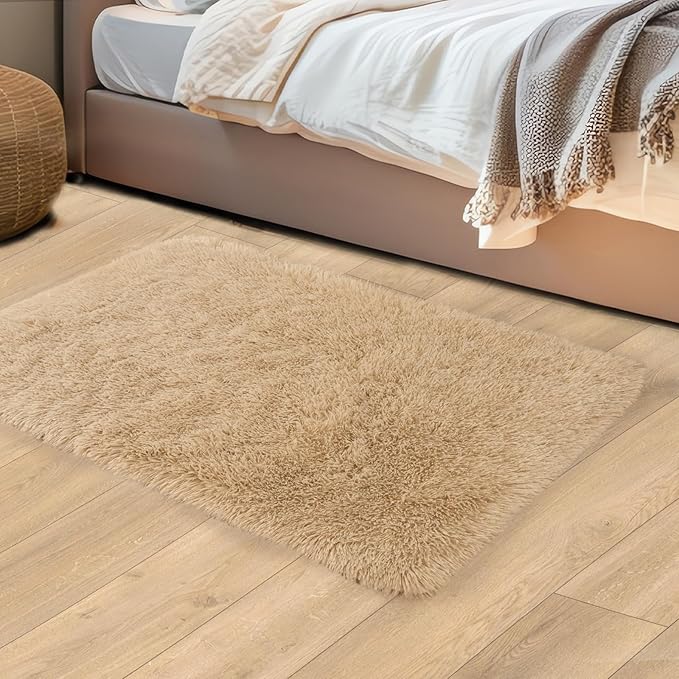 2x3 Rugs for Bedroom, Fluffy Area Rugs for Living Room, Soft Shag Kids Rug Small Carpet with 4 Non-Slip Rug Pads (Light Tan, 2ft x 3ft)