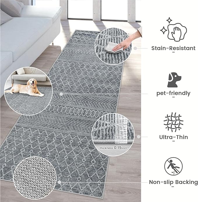 2x6 Runner Rug: Washable Boho Hallway Geometric Moroccan Throw Rug Neutral Modern Farmhouse Indoor Soft Non Slip Ultra Thin Printed Pattern Rugs for Kitchen Bedroom Laundry (Black, 2'x6')