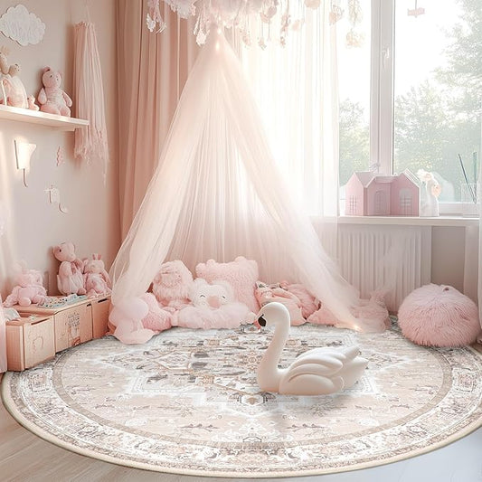 BESTSWEETIE 6ft Area Rugs for Living Room Washable Non Slip Carpet Low Pile Soft Vintage Print Pattern Rug for Bedroom Dining Room Kitchen Entryway Indoor-Light Pink