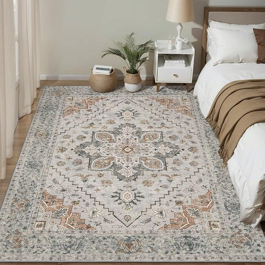 4x6 Area Rug for Living Room, Washable Vintage Indoor, Distressed Taupe Carpet for Bedroom, Non Slip Dining Room Rugs, Soft Low Pile Rugs Foldable Floor Rug for Dorm Bedside Bathroom