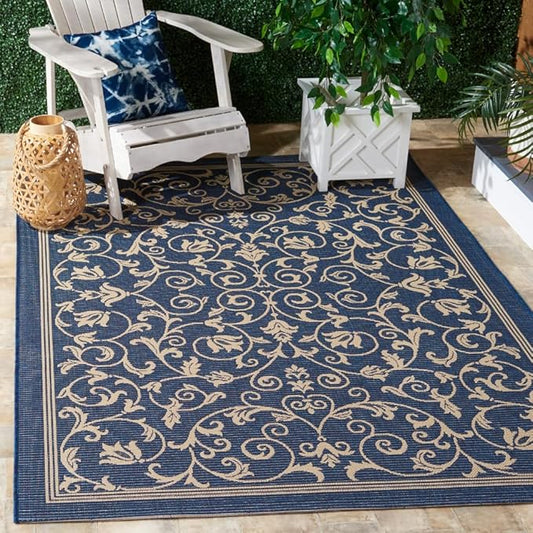 SAFAVIEH Courtyard Collection 6'7" x 9'6" Navy/Beige CY2098 Scroll Indoor/ Outdoor Waterproof Easy-Cleaning Patio Backyard Mudroom Area-Rug