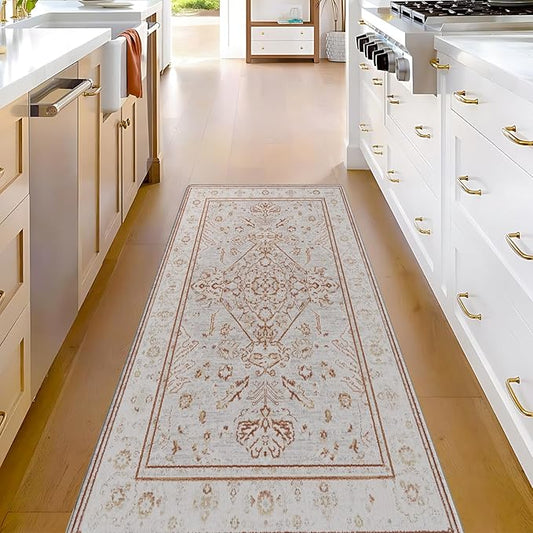 2x6 Washable Non-Slip Vintage Chenille Area Rug,Low Pile Distressed Floral Carpet for Entryway Kitchen, Boho Farmhouse Stain Resistant Indoor Rug