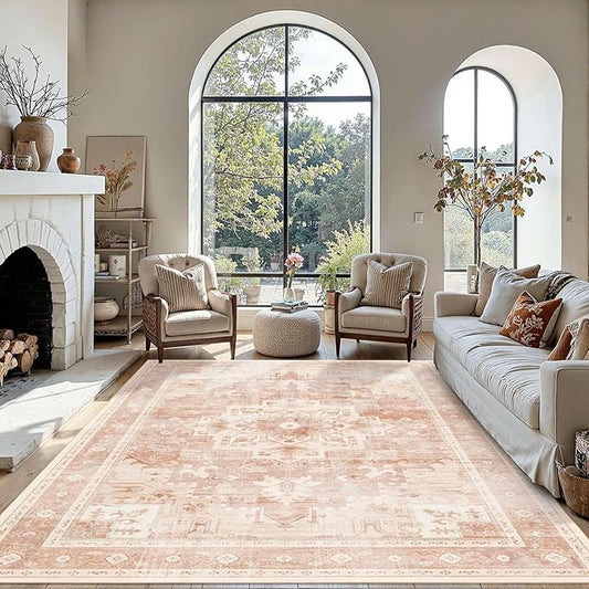 5X7 Washable Area Rug for Living Room, Vintage Large Boho Rugs for Office, Dining Room, Kids Room, Farmhouse, Low Pile Non Slip Carpet for High Traffic Areas, Orange