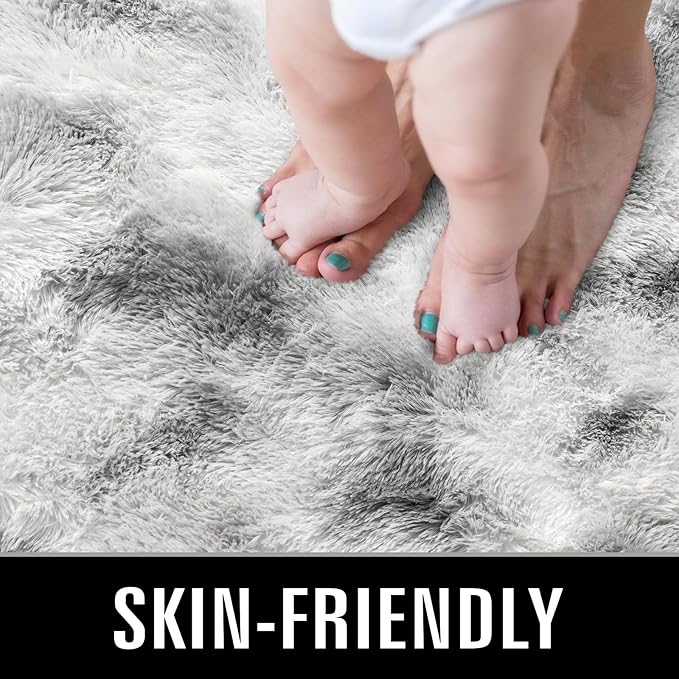 TWINNIS Super Soft Shaggy Rugs Fluffy Carpets 7x10 Feet, Indoor Modern Plush Area Rugs for Living Room Bedroom Kids Room Nursery Home Decor, Upgrade Anti-Skid Fuzzy Rug, Grey and White