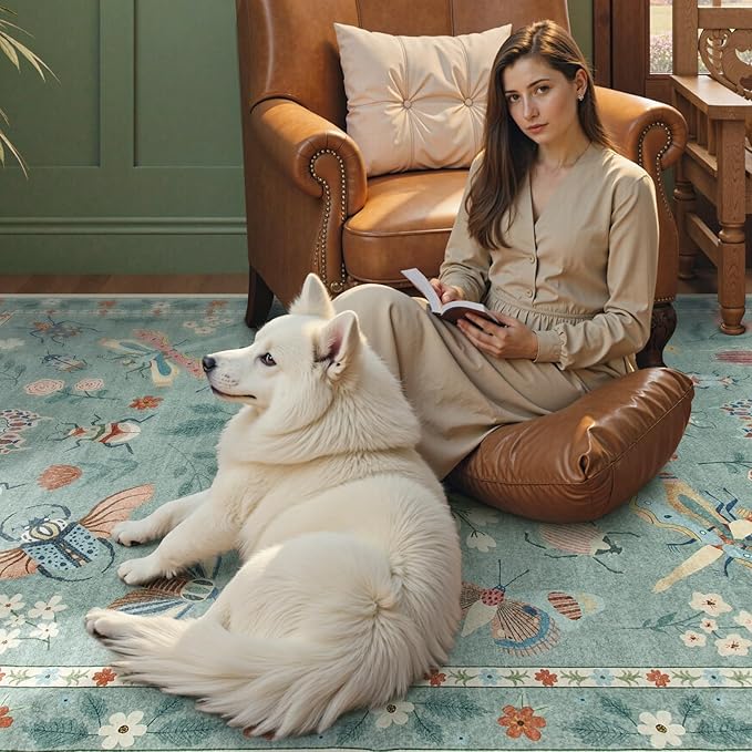 Beeiva Insect Print Rug 8x10, Non Slip Washable Living Room Area Rugs, Soft Low Pile Ultra Thin Dining Room Rug Stain Resistant Large Carpet for Office, Bedroom, Kids Room, Playroom - Light Green