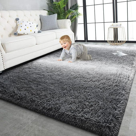 TWINNIS Super Soft Shaggy Rugs Fluffy Carpets, 8x10 Feet, Indoor Modern Plush Area Rugs for Living Room Bedroom Kids Room Nursery Home Decor, Upgrade Anti-Skid Rectangular Fuzzy Rug, Grey White
